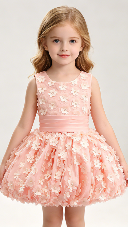 Sheer A-line Pink Flower Girl Dresses Round Neck Petal Lace Short Gown LFNGA002