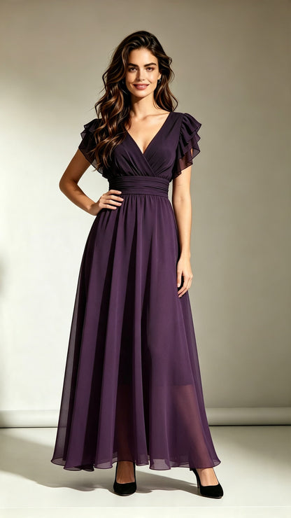 Sleek A-line Purple Bridesmaid Gowns V Neck Chiffon Long Formal Dress LFNL0706