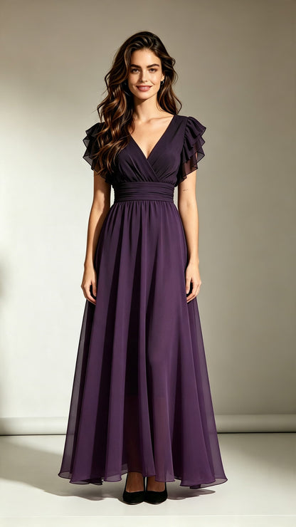 Sleek A-line Purple Bridesmaid Gowns V Neck Chiffon Long Formal Dress LFNL0706