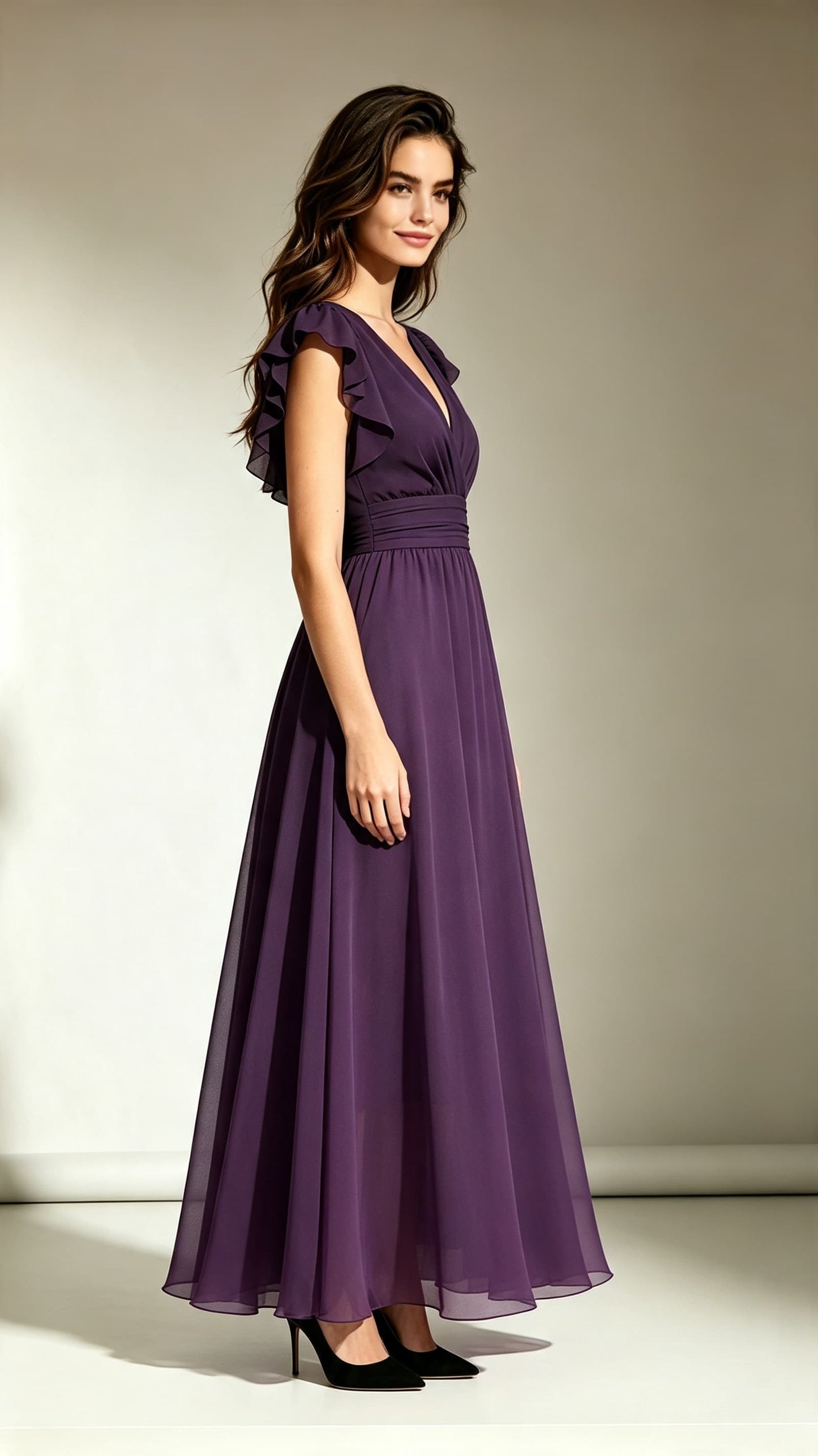 Sleek A-line Purple Bridesmaid Gowns V Neck Chiffon Long Formal Dress LFNL0706