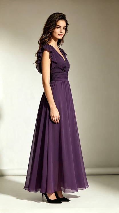 Sleek A-line Purple Bridesmaid Gowns V Neck Chiffon Long Formal Dress LFNL0706
