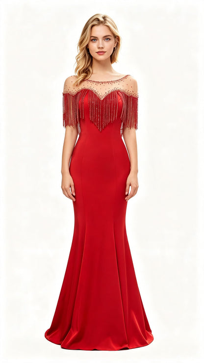 Polished Mermaid Red Evening Dress Round Neck Tulle Polyester Maxi Dress LFNL0633