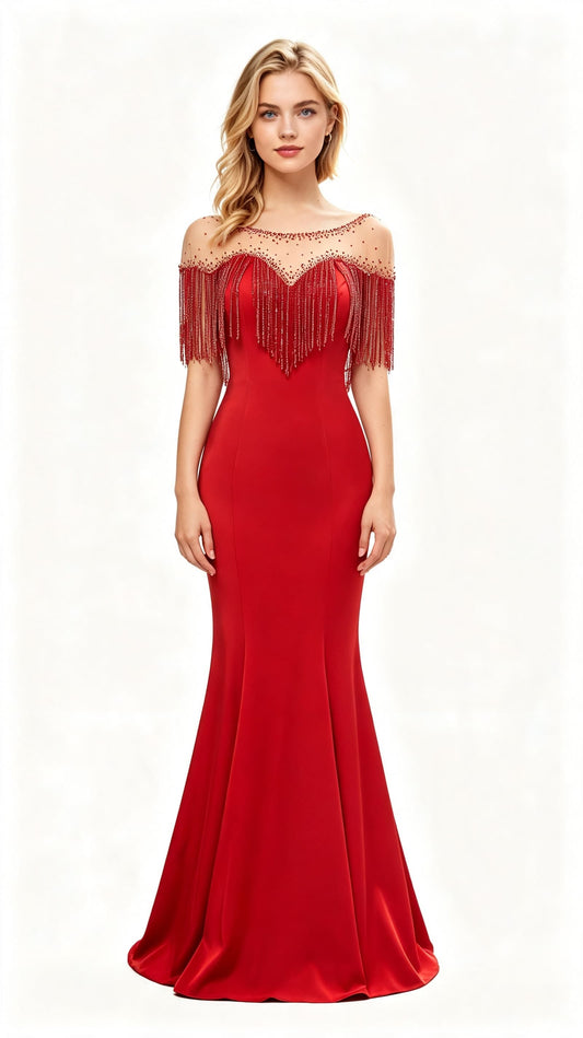 Polished Mermaid Red Evening Dress Round Neck Tulle Polyester Maxi Dress LFNL0633