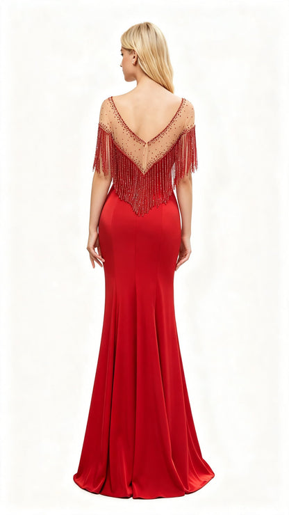 Polished Mermaid Red Evening Dress Round Neck Tulle Polyester Maxi Dress LFNL0633