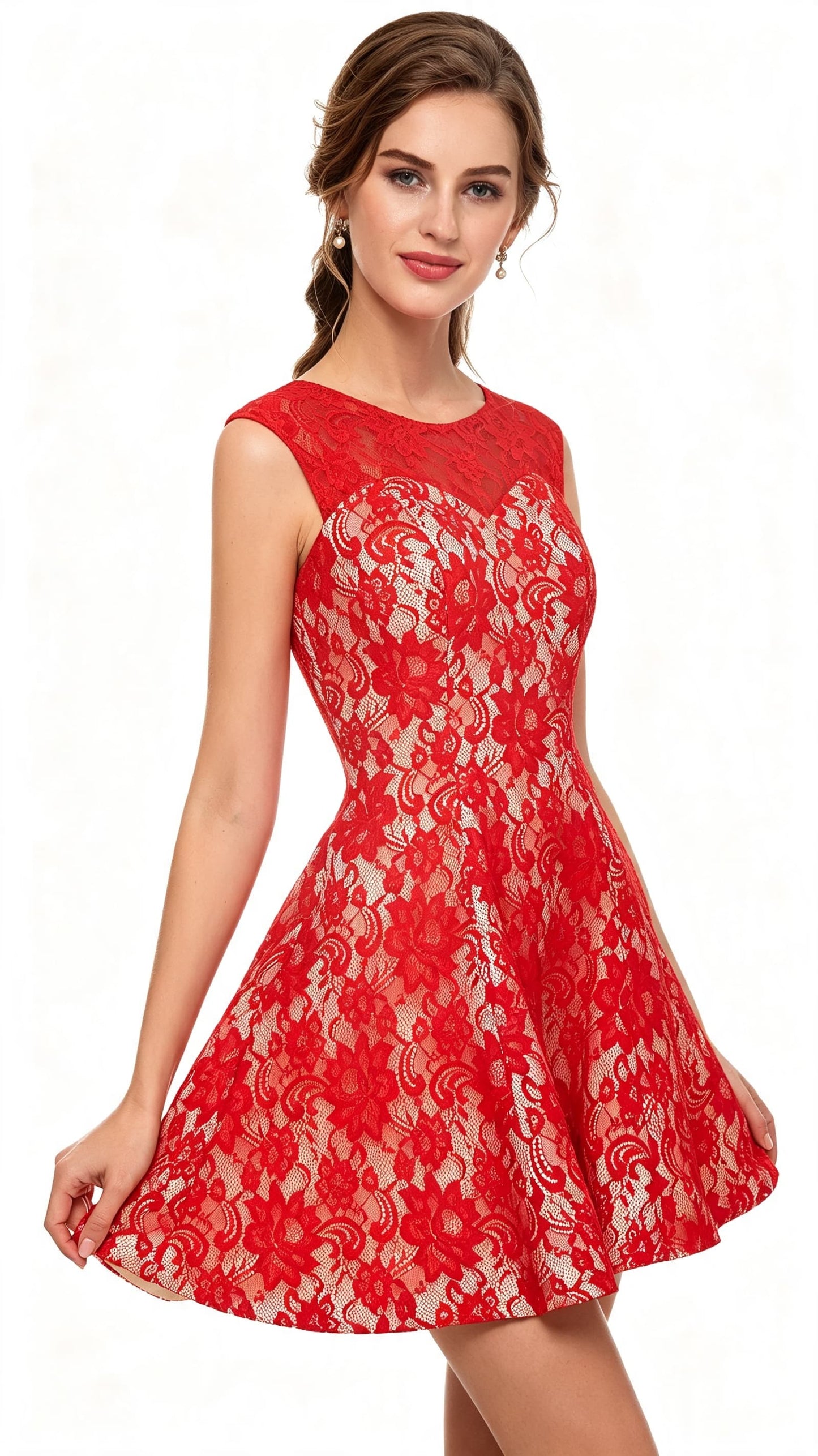 Romantic A-line Red Evening Dress Round Neck Lace Short Formal Dress LFNL0533