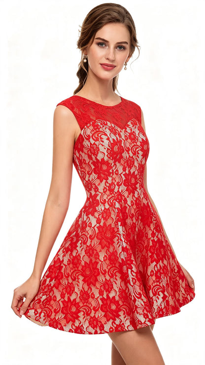 Romantic A-line Red Evening Dress Round Neck Lace Short Formal Dress LFNL0533
