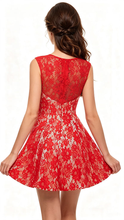 Romantic A-line Red Evening Dress Round Neck Lace Short Formal Dress LFNL0533