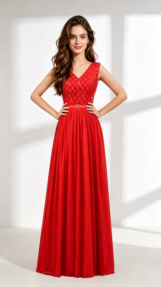 Simple A-line Red Evening Dress Chiffon Long Formal Dress LFNL0595