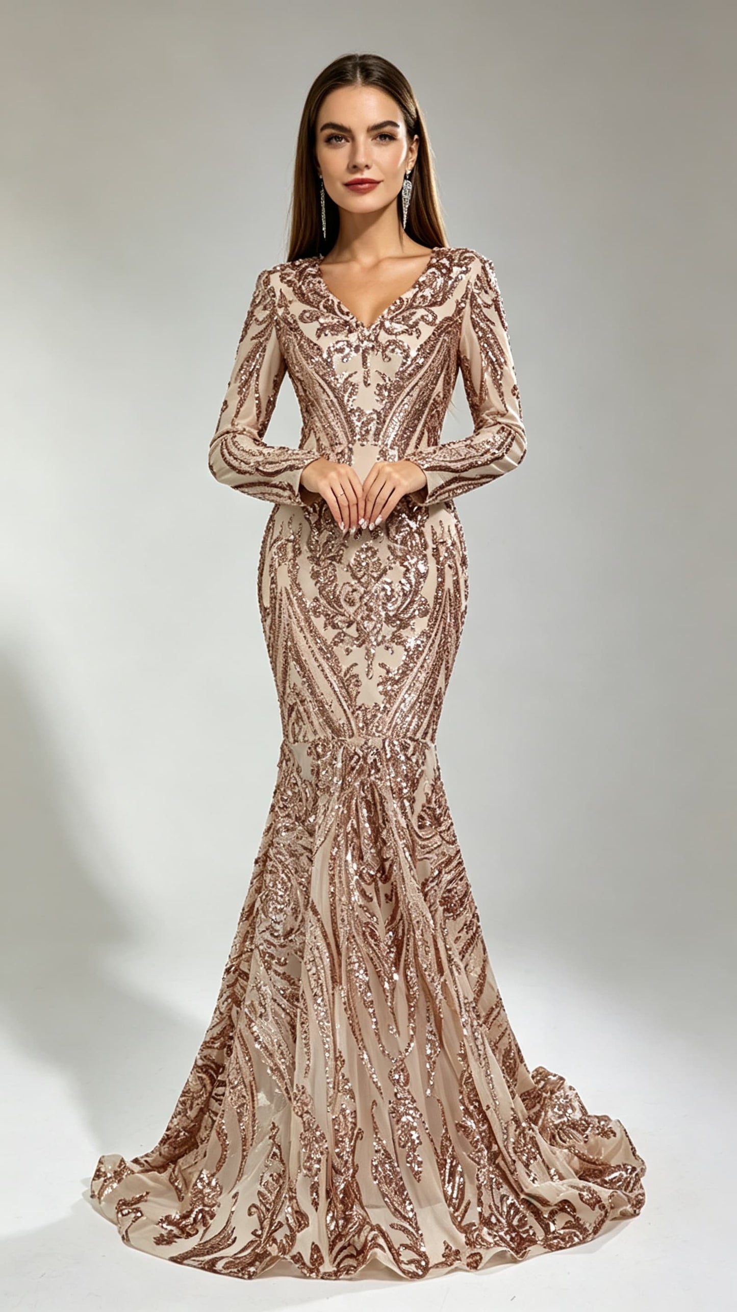 Eye-catching Mermaid Rose Gold Evening Gowns V Neck Sequins&beads Long Formal Dress LFNG0018