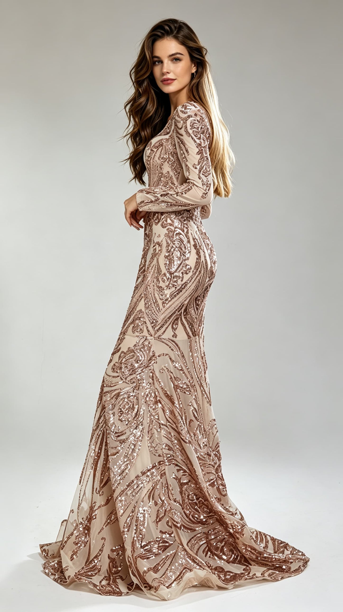 Eye-catching Mermaid Rose Gold Evening Gowns V Neck Sequins&beads Long Formal Dress LFNG0018