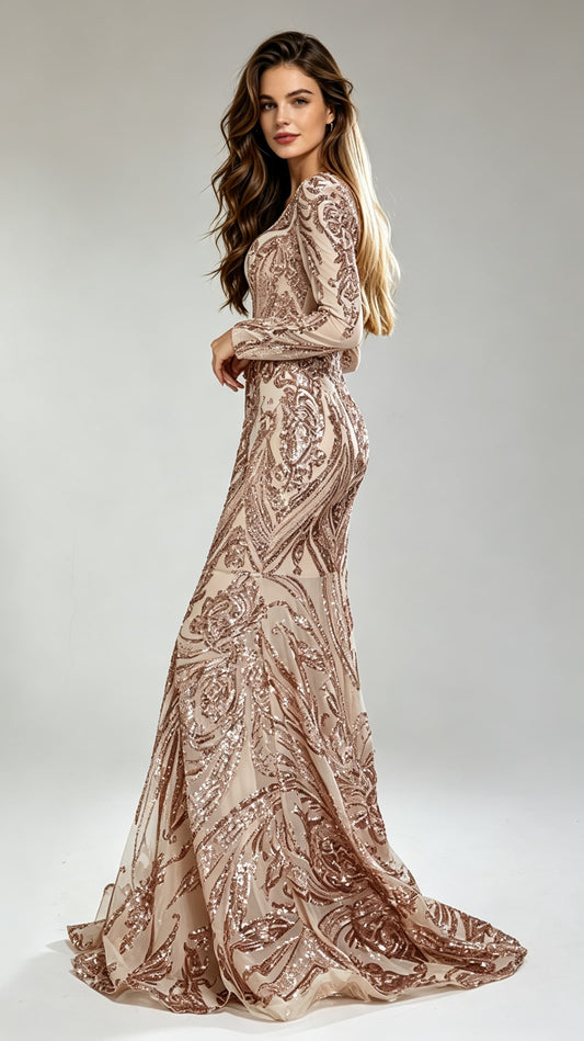Eye-catching Mermaid Rose Gold Evening Gowns V Neck Sequins&beads Long Formal Dress LFNG0018