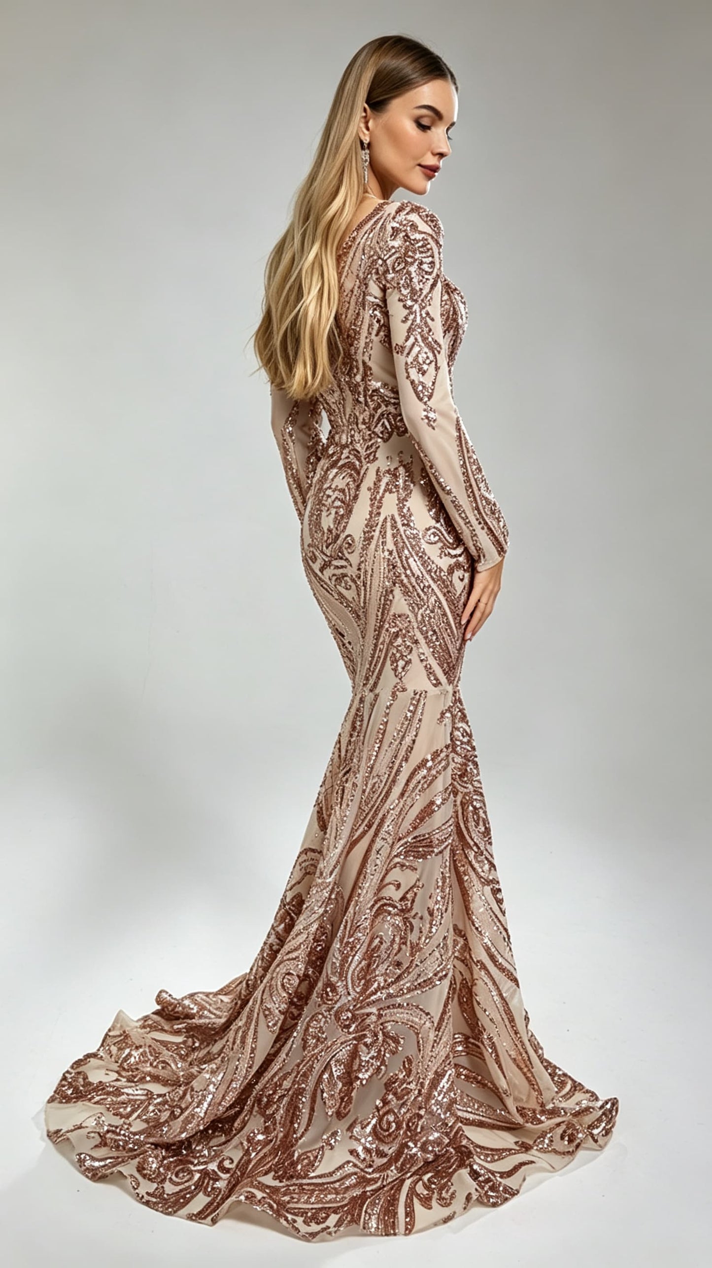 Eye-catching Mermaid Rose Gold Evening Gowns V Neck Sequins&beads Long Formal Dress LFNG0018