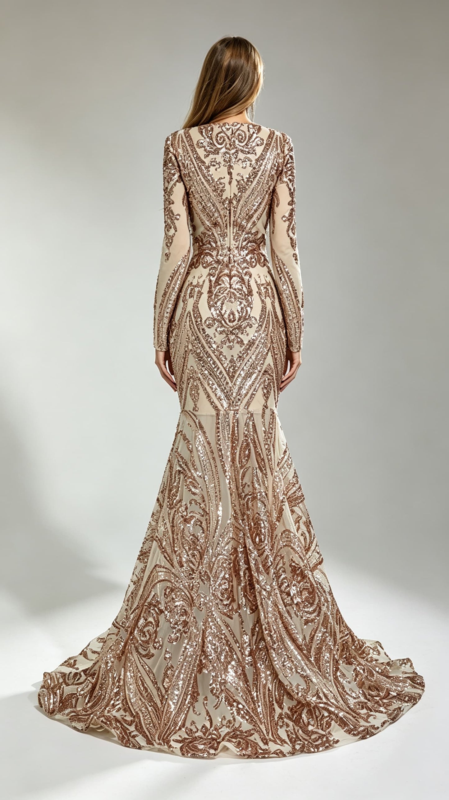 Eye-catching Mermaid Rose Gold Evening Gowns V Neck Sequins&beads Long Formal Dress LFNG0018