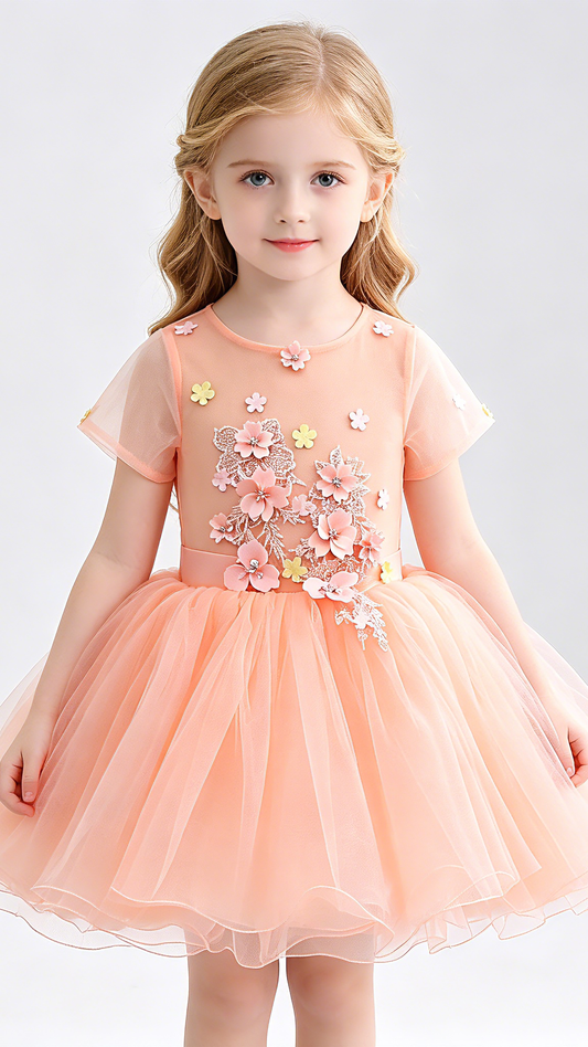 Tailored A-line Orange Flower Girl Dresses Round Neck Tulle Short Gown LFNGA006