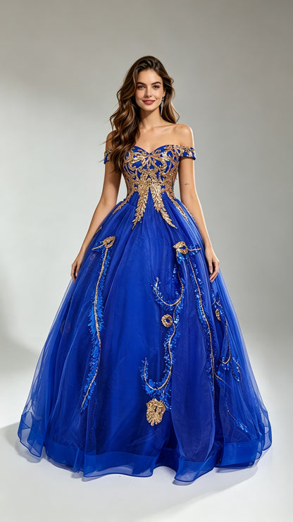 Beautiful Tailored High Waist Blue Ball Gown Off Shoulder Tulle & Sequins Long Formal Dress LFNG0020