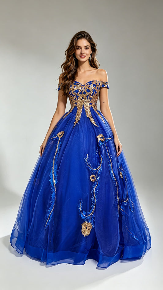 Beautiful Tailored High Waist Blue Ball Gown Off Shoulder Tulle & Sequins Long Formal Dress LFNG0020