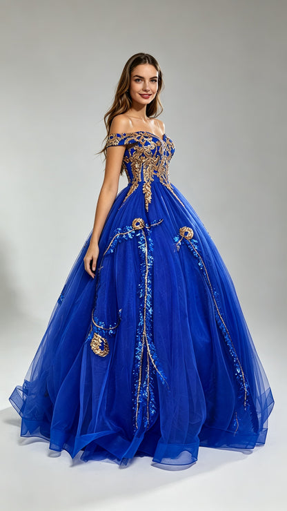 Beautiful Tailored High Waist Blue Ball Gown Off Shoulder Tulle & Sequins Long Formal Dress LFNG0020