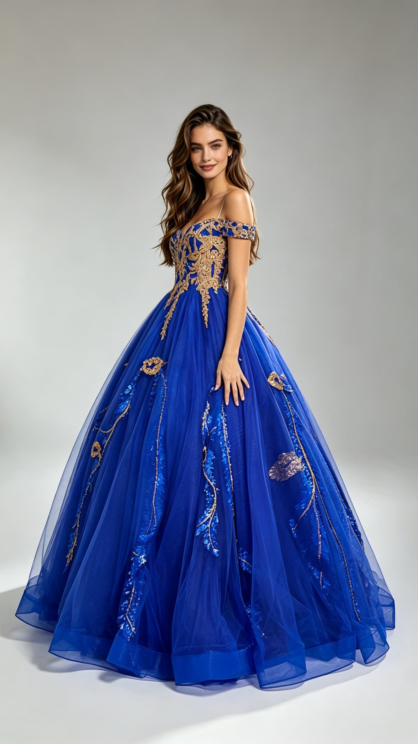 Beautiful Tailored High Waist Blue Ball Gown Off Shoulder Tulle & Sequins Long Formal Dress LFNG0020