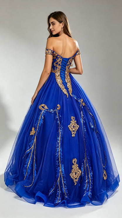 Beautiful Tailored High Waist Blue Ball Gown Off Shoulder Tulle & Sequins Long Formal Dress LFNG0020