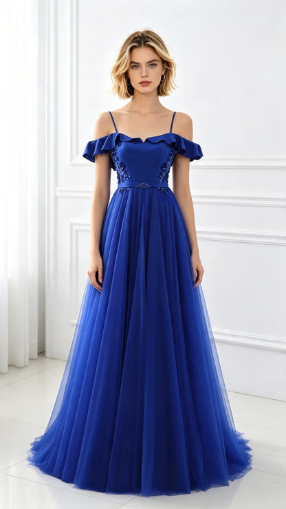 Beautiful A-line Blue Evening Dress Straps Tulle Polyester Maxi Dress LFNL0627