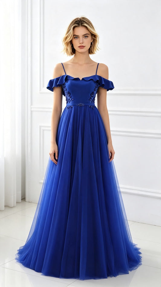 Beautiful A-line Blue Evening Dress Straps Tulle Polyester Maxi Dress LFNL0627