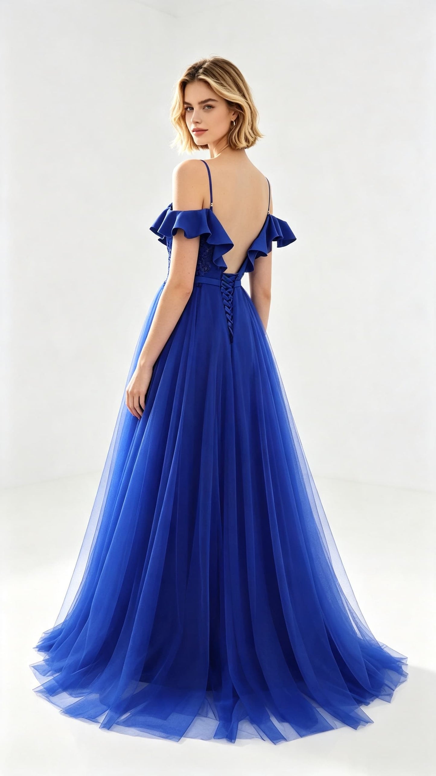 Beautiful A-line Blue Evening Dress Straps Tulle Polyester Maxi Dress LFNL0627