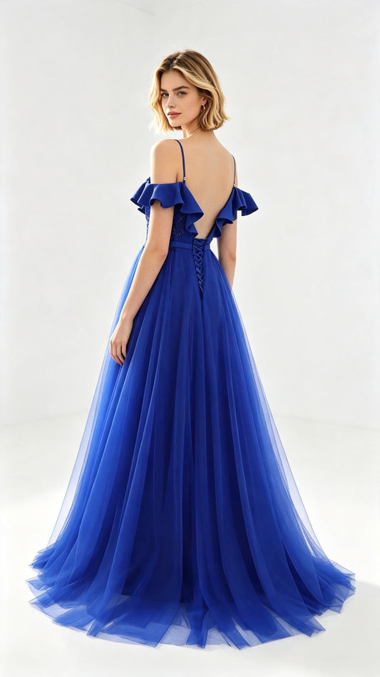 Beautiful A-line Blue Evening Dress Straps Tulle Polyester Maxi Dress LFNL0627