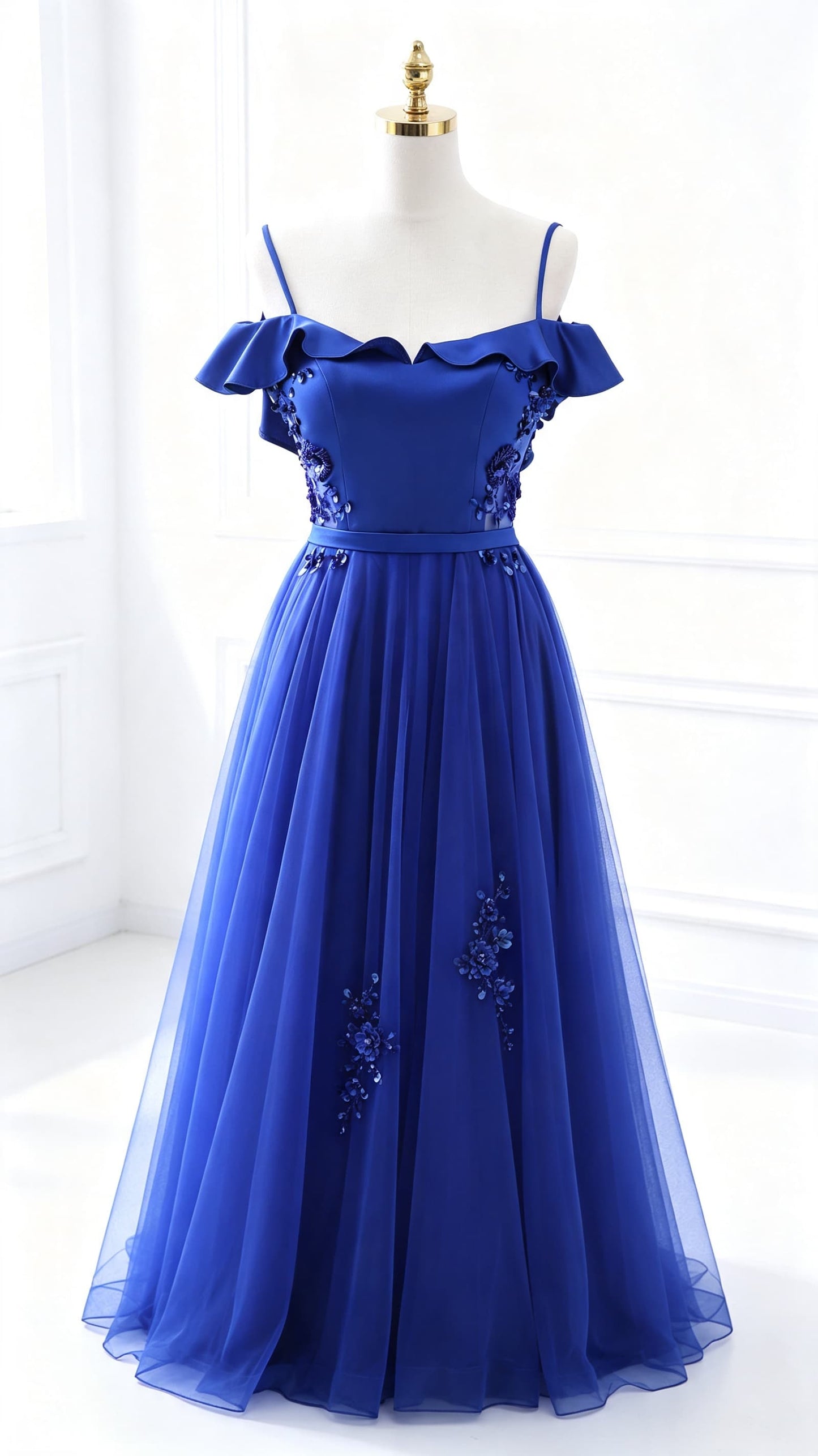 Beautiful A-line Blue Evening Dress Straps Tulle Polyester Maxi Dress LFNL0627
