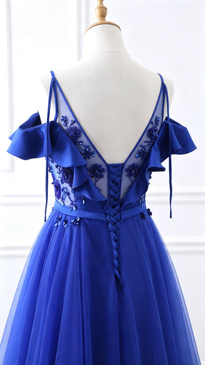 Beautiful A-line Blue Evening Dress Straps Tulle Polyester Maxi Dress LFNL0627
