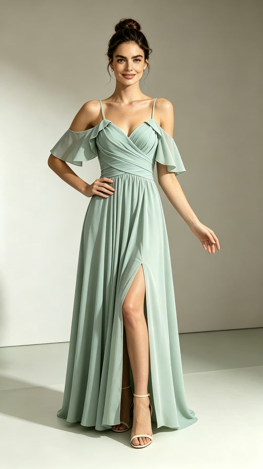Sleek A-line Green Bridesmaid Gowns Straps Chiffon Maxi Dress LFNL0726