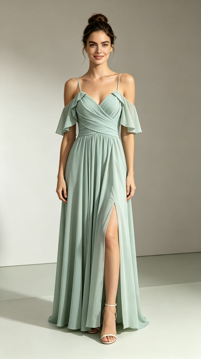 Sleek A-line Green Bridesmaid Gowns Straps Chiffon Maxi Dress LFNL0726