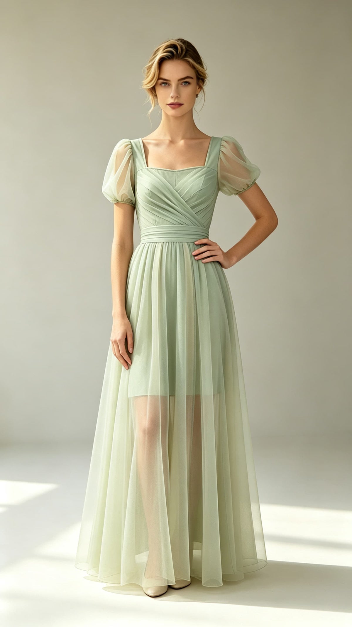 Gorgeous A-line Green Evening Gowns Square Polyester Tulle Maxi Dress Zimmerformal