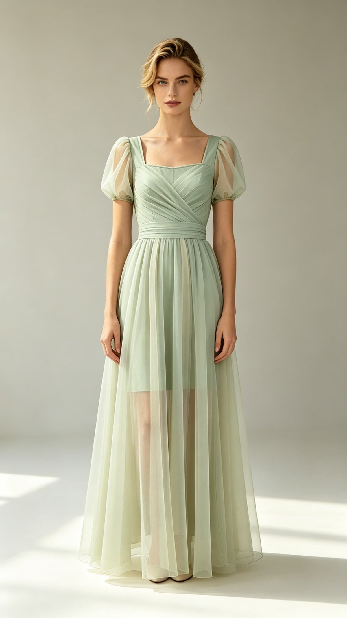 Gorgeous A-line Green Evening Gowns Square Neck Polyester Tulle Maxi Dress LFNL0805
