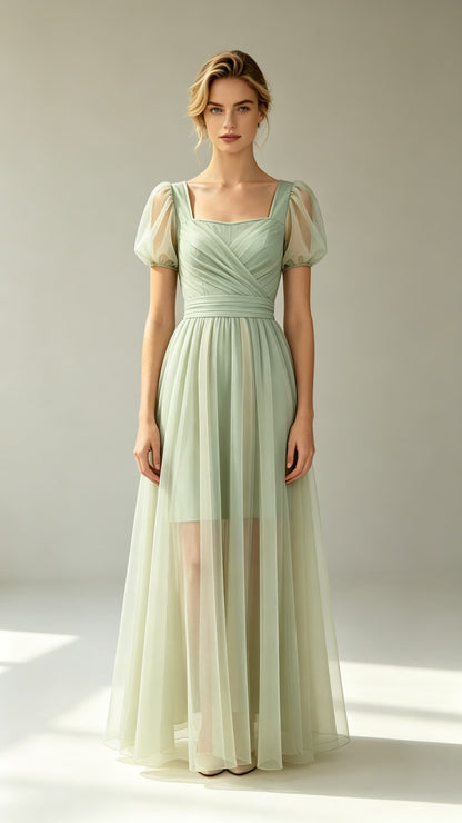 Gorgeous A-line Green Evening Gowns Square Neck Polyester Tulle Maxi Dress LFNL0805