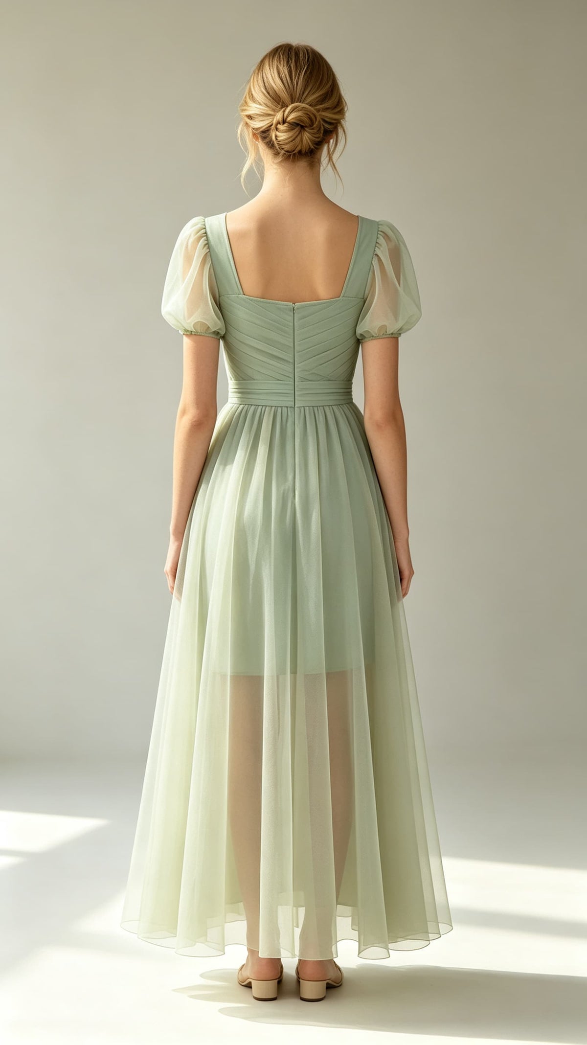 Gorgeous A-line Green Evening Gowns Square Neck Polyester Tulle Maxi Dress LFNL0805