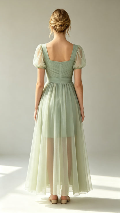 Gorgeous A-line Green Evening Gowns Square Neck Polyester Tulle Maxi Dress LFNL0805