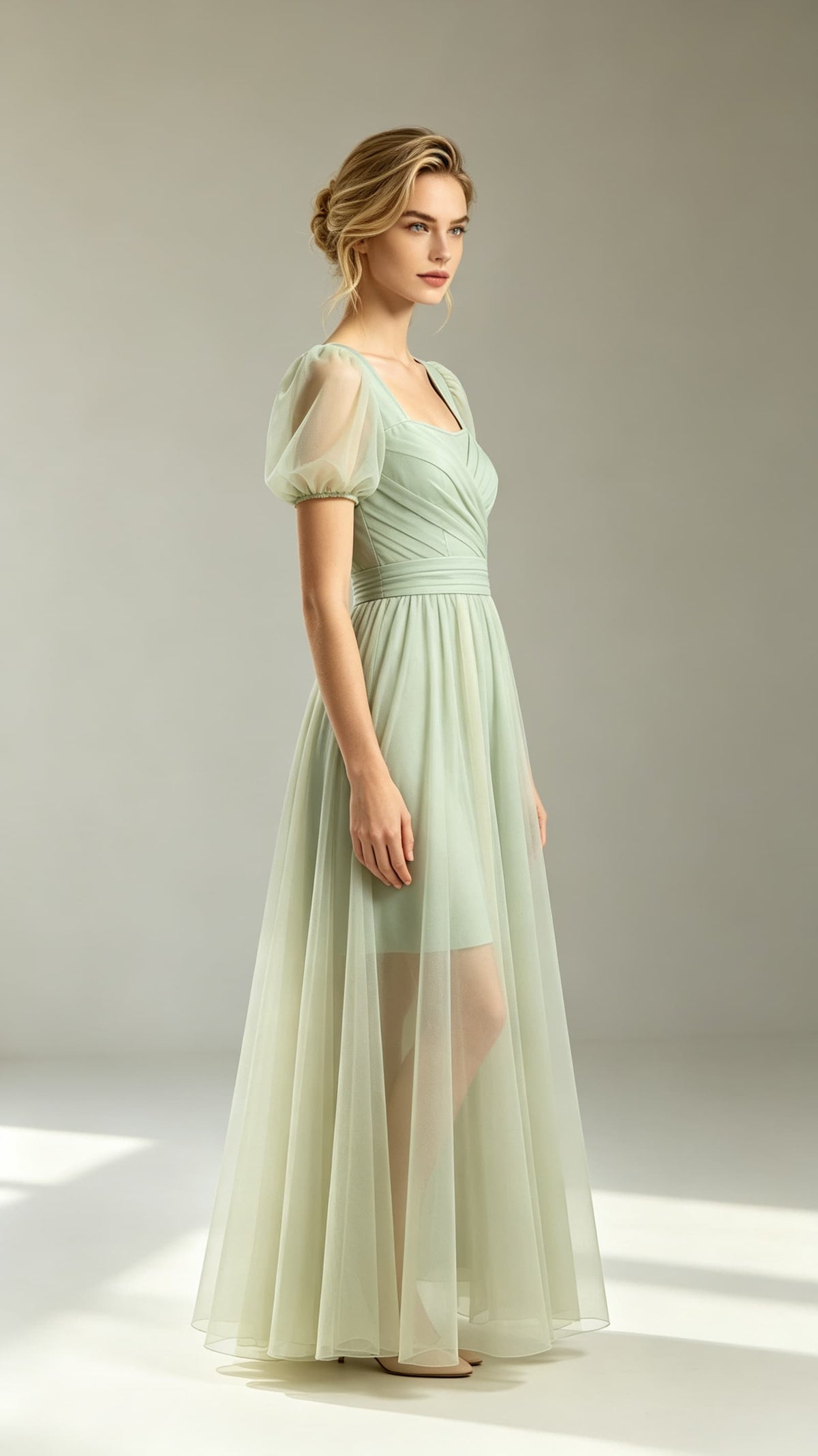 Gorgeous A-line Green Evening Gowns Square Neck Polyester Tulle Maxi Dress LFNL0805