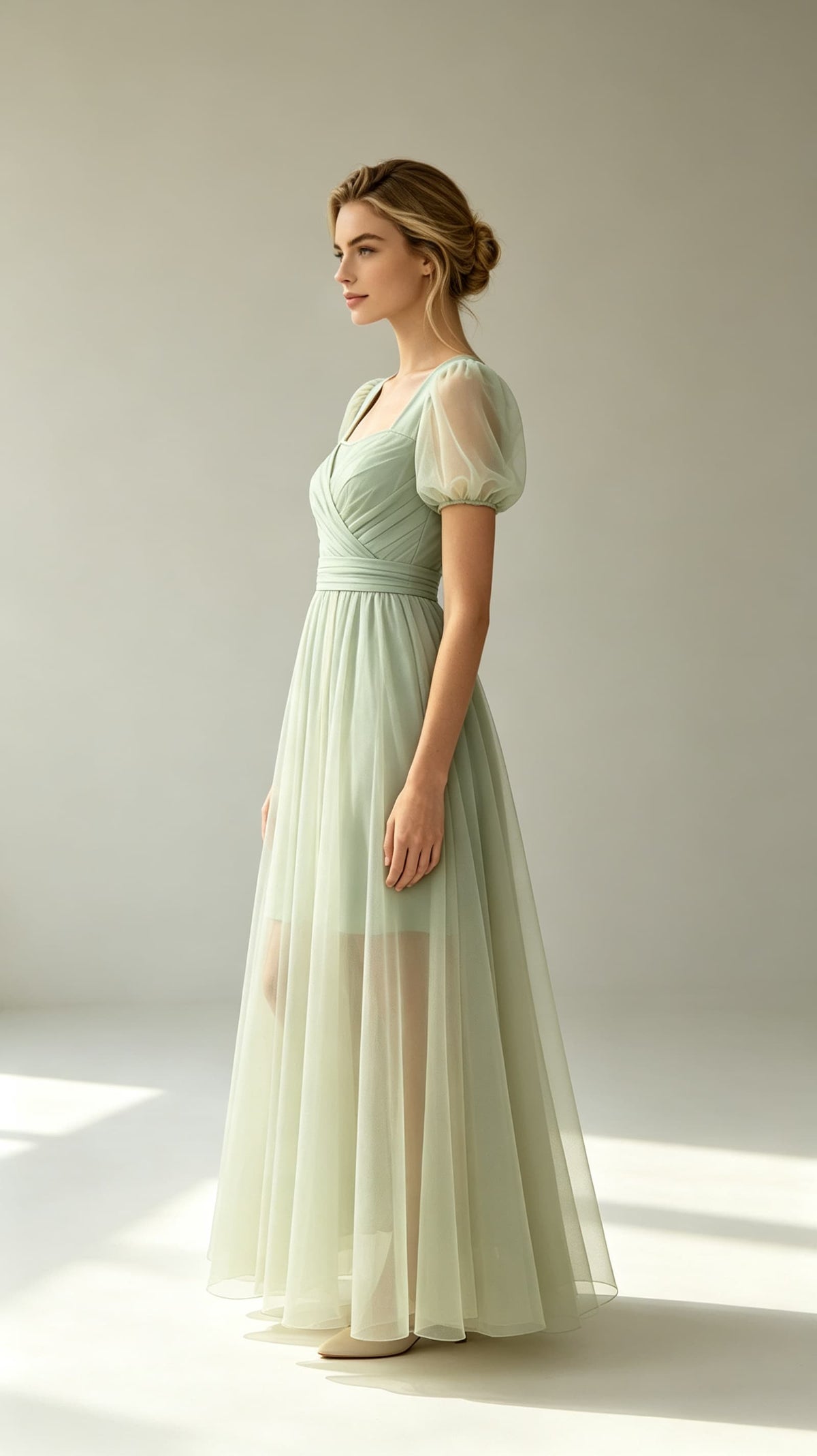 Gorgeous A-line Green Evening Gowns Square Neck Polyester Tulle Maxi Dress LFNL0805