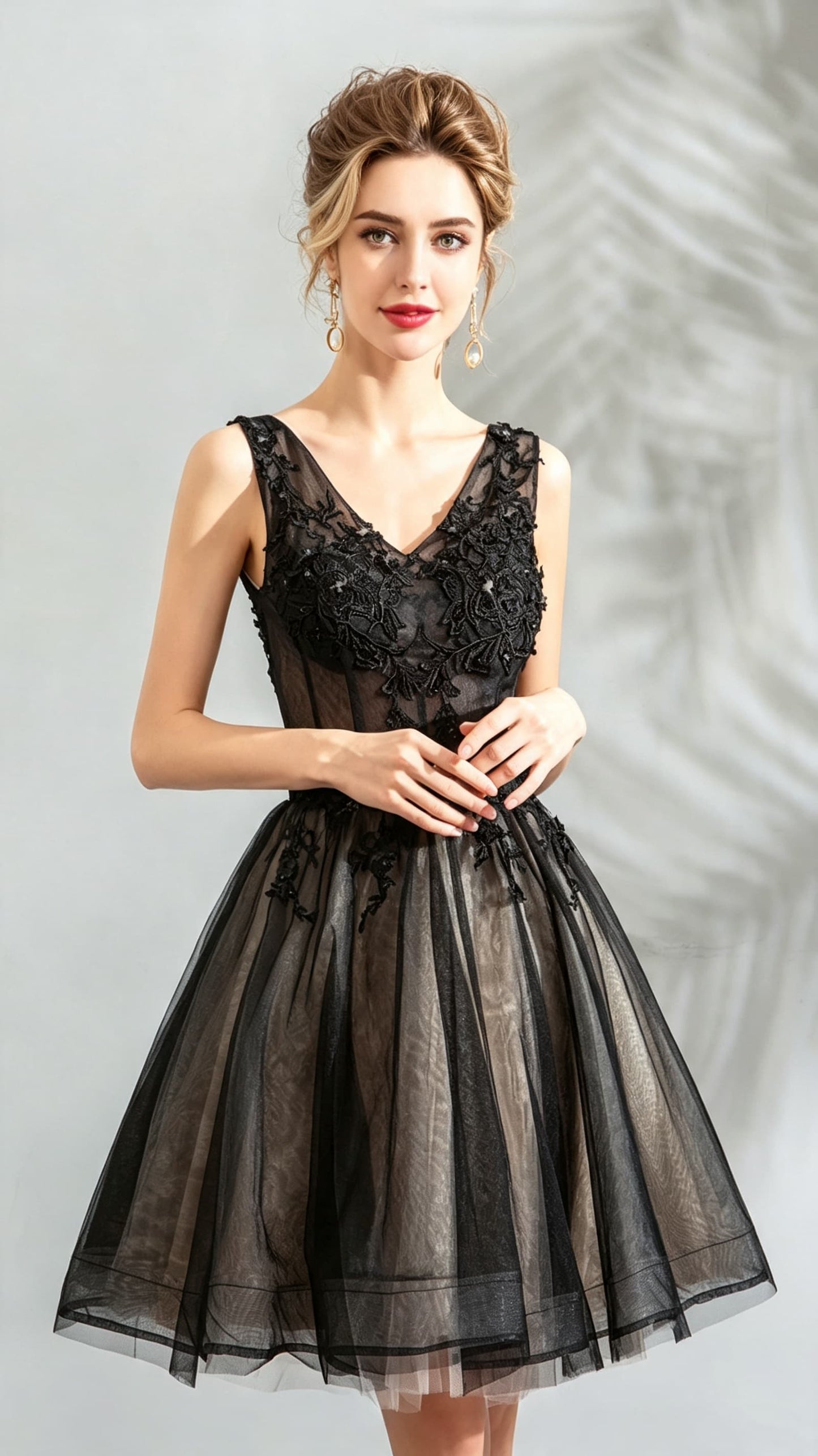 Feminine A-line Black Evening Dress V Neck Tulle Short Formal Dress LFNC0392