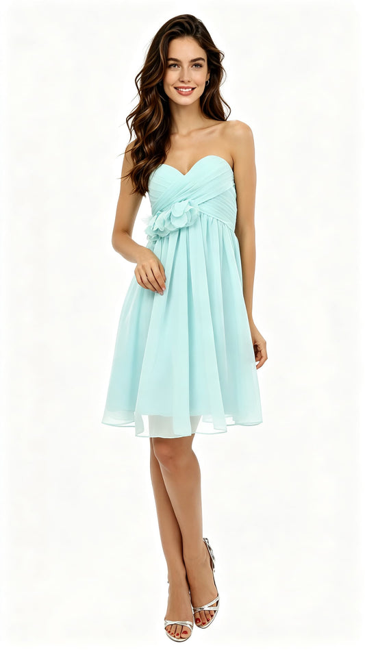 Beautiful tailored A-line Blue Green Evening Dress Sweatheart Neck Chiffon Short Formal Dress LFNL0496