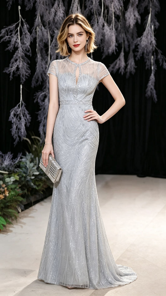 Gorgeous Mermaid Grey Evening Dress Round Neck Tulle Long Formal Dress LFNC0431