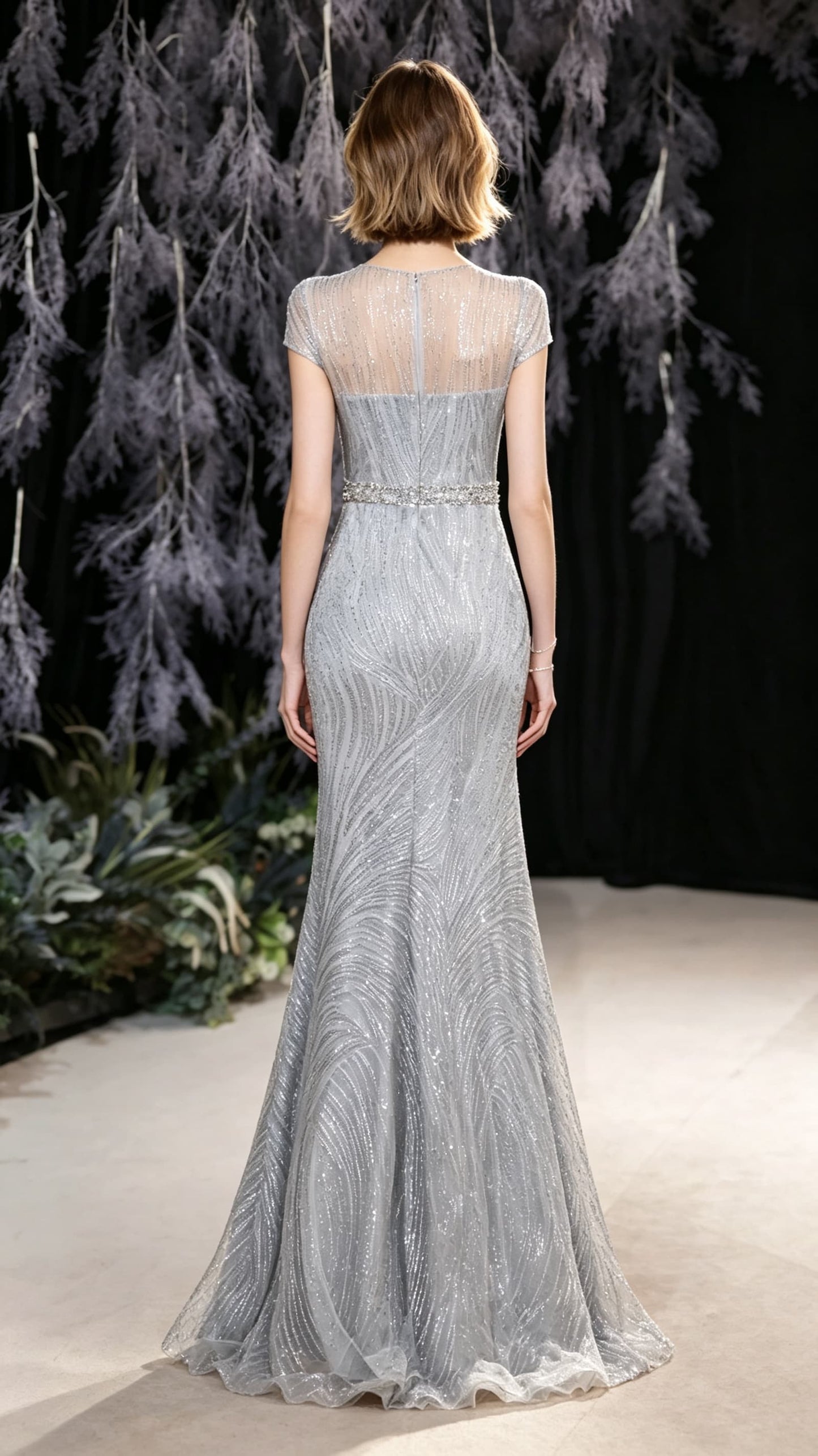 Gorgeous Mermaid Grey Evening Dress Round Neck Tulle Long Formal Dress LFNC0431