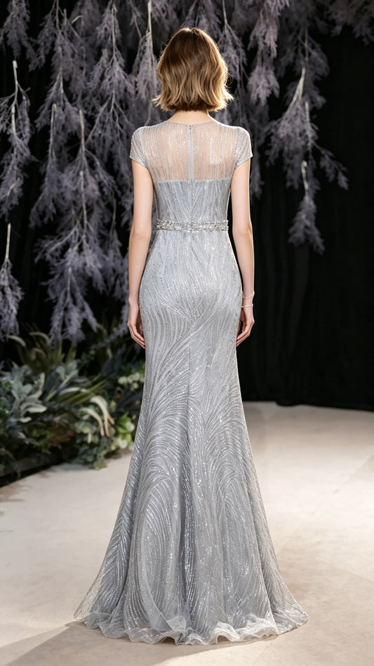 Gorgeous Mermaid Grey Evening Dress Round Neck Tulle Long Formal Dress LFNC0431