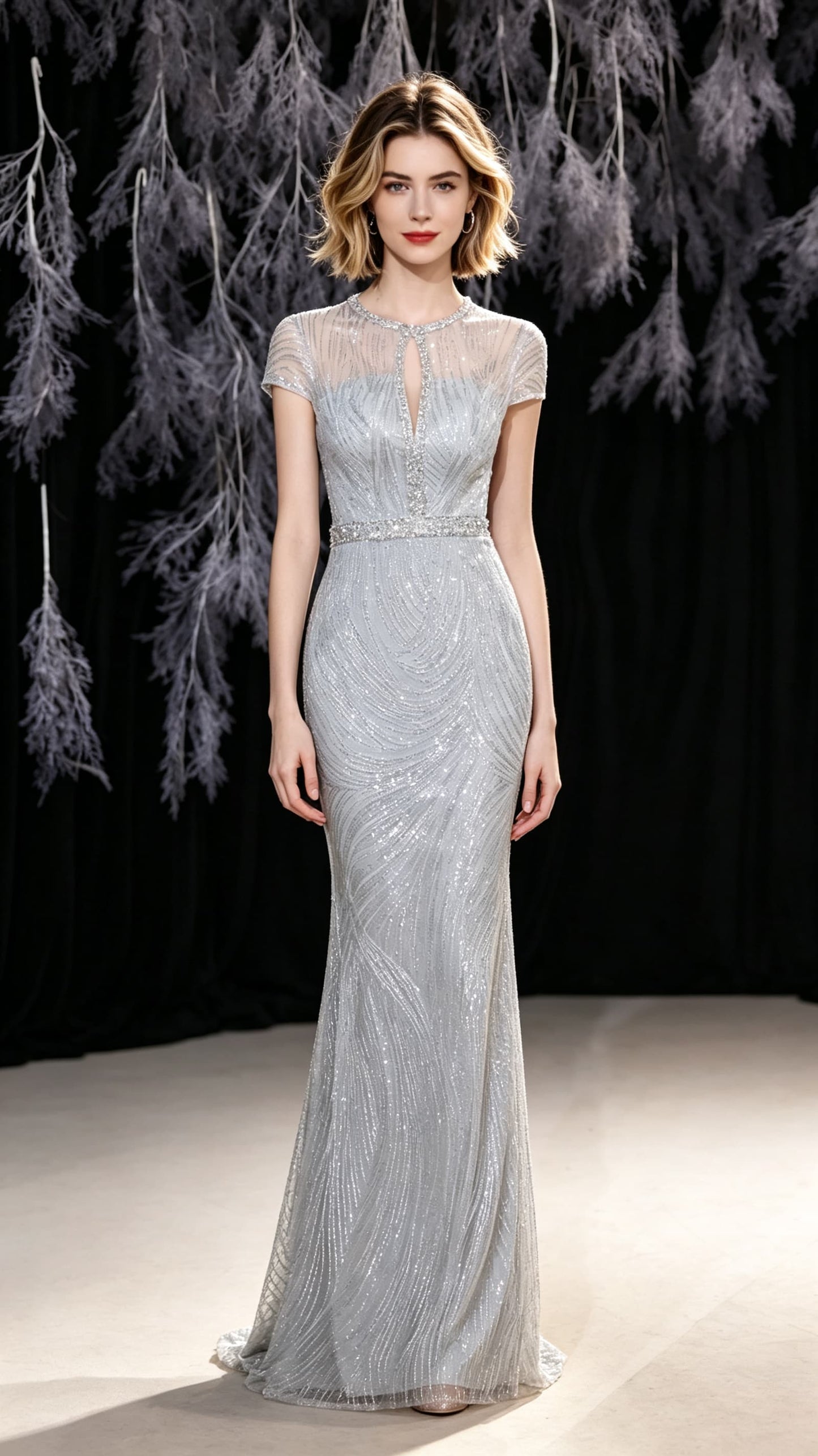 Gorgeous Mermaid Grey Evening Dress Round Neck Tulle Long Formal Dress LFNC0431