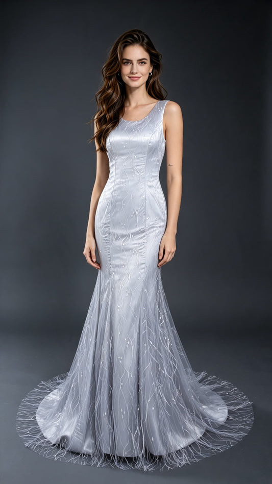 Beautiful Mermaid White Evening Dress Round Neck Lace Long Formal Dress LFNL0584