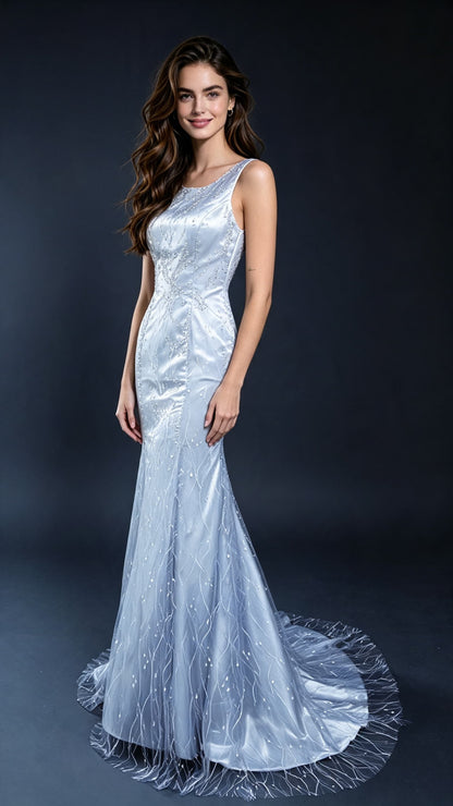Beautiful Mermaid White Evening Dress Round Neck Lace Long Formal Dress LFNL0584