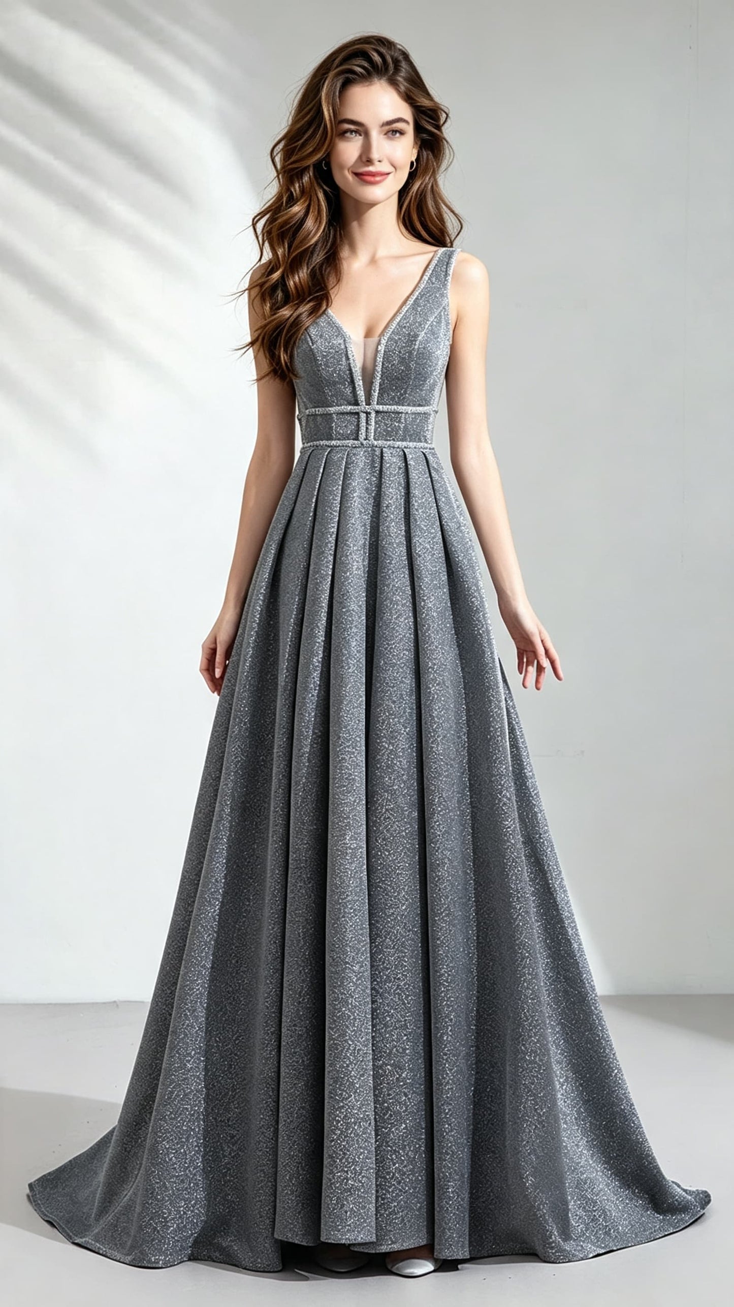 Gorgeous A-line Grey Evening Dress V Neck Polyester Long Formal Dress LFNC0144