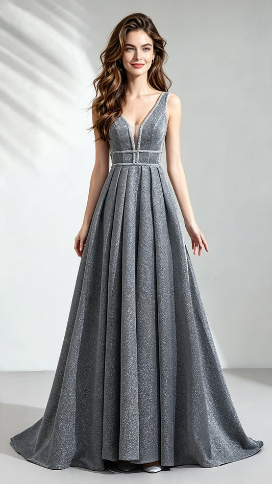 Gorgeous A-line Grey Evening Dress V Neck Polyester Long Formal Dress LFNC0144