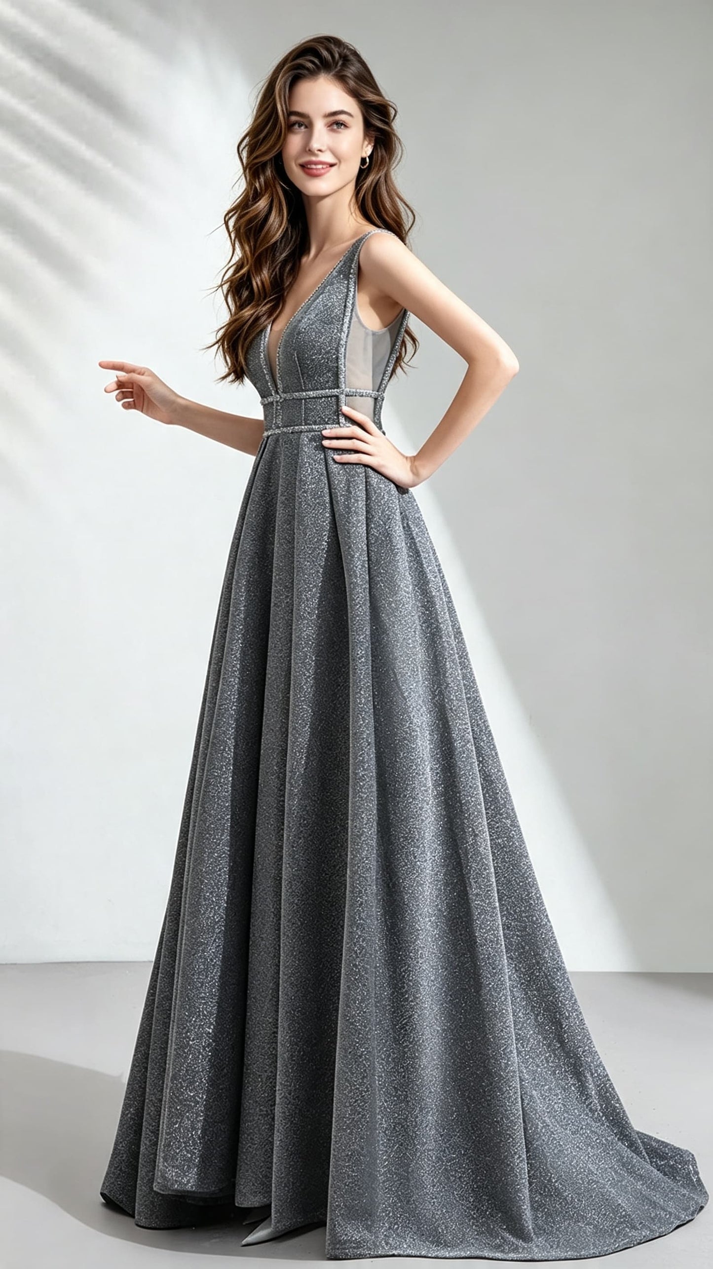 Gorgeous A-line Grey Evening Dress V Neck Polyester Long Formal Dress LFNC0144