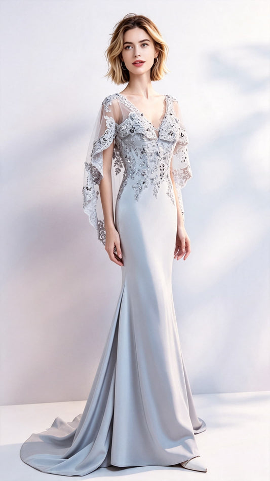 Lightweight Mermaid Grey Evening Dress V Neck Tulle Long Formal Dress LFNC0419